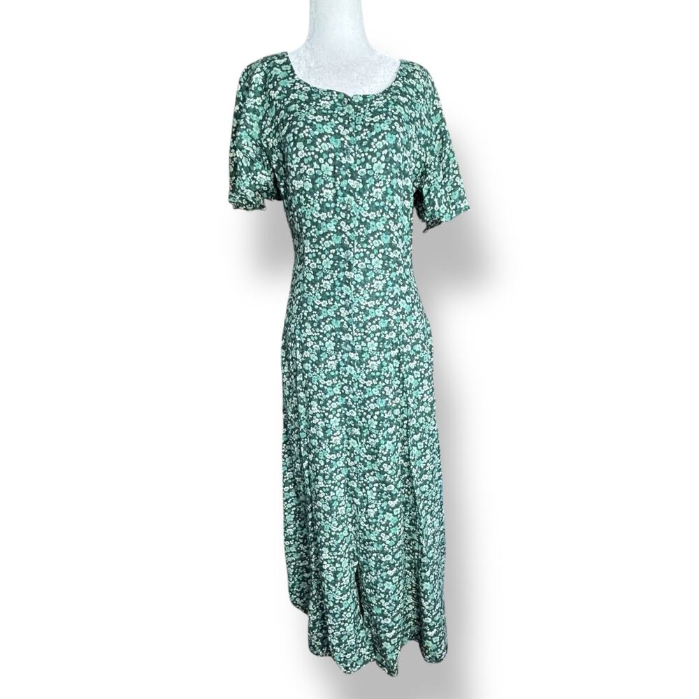 Vintage 90s All That Jazz Green Liberty Floral Midi Dress Tie Back Flowy